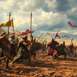 A historical battle scene from before the Islamic era, featuring ancient warriors in traditional armor, engaged in fierce combat