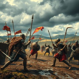A historical battle scene from before the Islamic era, featuring ancient warriors in traditional armor, engaged in fierce combat