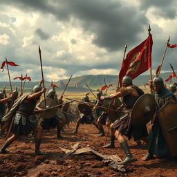 A historical battle scene from before the Islamic era, featuring ancient warriors in traditional armor, engaged in fierce combat