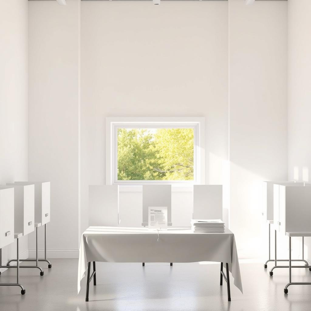 A background image of a KPU polling station featuring bright white walls