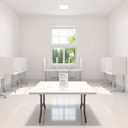 A background image of a KPU polling station featuring bright white walls