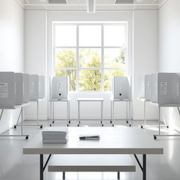 A background image of a KPU polling station featuring bright white walls