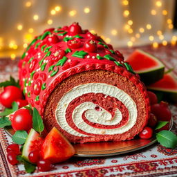 A beautifully decorated Yalda-themed roulade cake, featuring rich red and green colors to symbolize the festive celebration