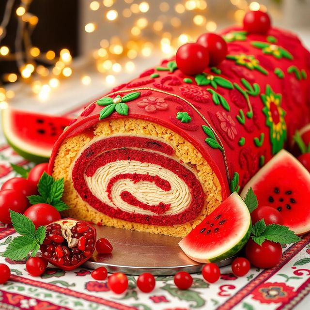 A beautifully decorated Yalda-themed roulade cake, featuring rich red and green colors to symbolize the festive celebration