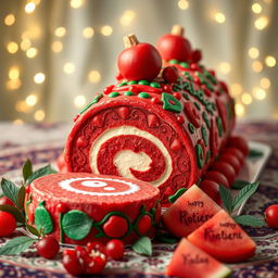 A beautifully decorated Yalda-themed roulade cake, featuring rich red and green colors to symbolize the festive celebration