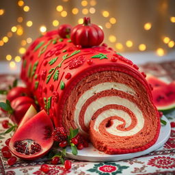 A beautifully decorated Yalda-themed roulade cake, featuring rich red and green colors to symbolize the festive celebration
