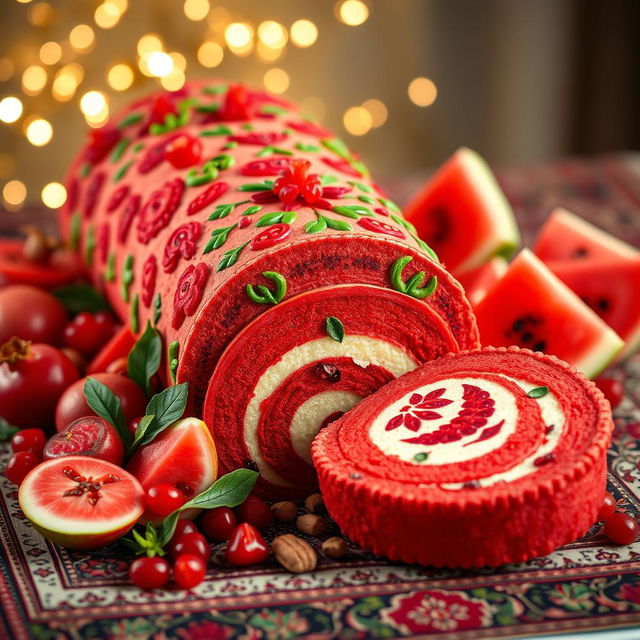 A beautifully crafted Yalda-themed roulade cake, showcasing vibrant red and green colors to celebrate the occasion