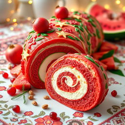 A beautifully crafted Yalda-themed roulade cake, showcasing vibrant red and green colors to celebrate the occasion