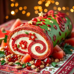 A beautifully crafted Yalda-themed roulade cake, showcasing vibrant red and green colors to celebrate the occasion