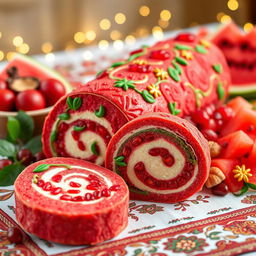 A beautifully crafted Yalda-themed roulade cake, showcasing vibrant red and green colors to celebrate the occasion