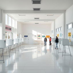 A clean and bright KPU polling station interior featuring white walls and a pristine white tiled floor