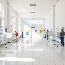 A clean and bright KPU polling station interior featuring white walls and a pristine white tiled floor