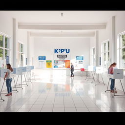 A clean and bright KPU polling station interior featuring white walls and a pristine white tiled floor