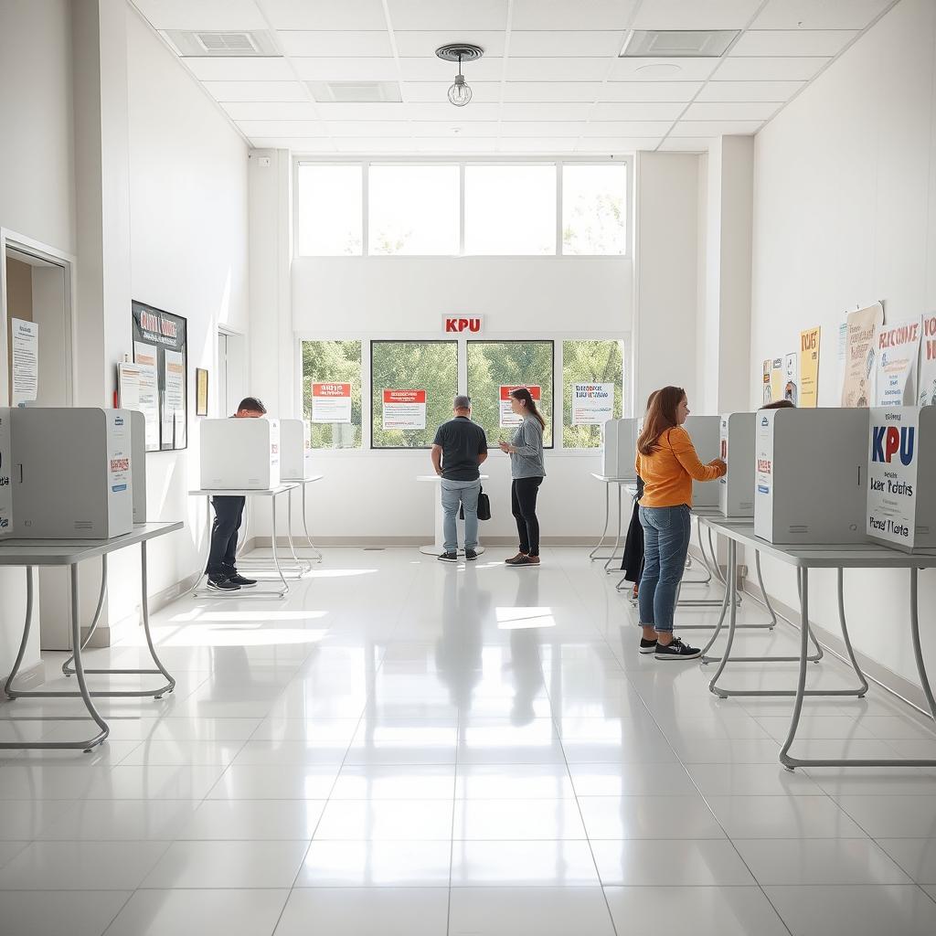 A clean and bright KPU polling station interior featuring white walls and a pristine white tiled floor