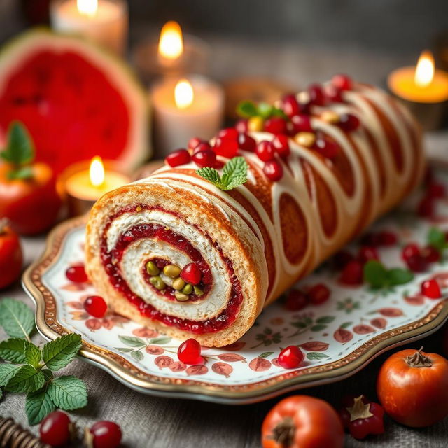 A beautifully arranged Yalda-themed roulade, featuring vibrant colors and elements symbolizing the winter solstice celebration