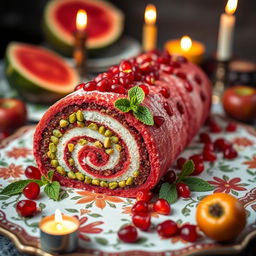 A beautifully arranged Yalda-themed roulade, featuring vibrant colors and elements symbolizing the winter solstice celebration