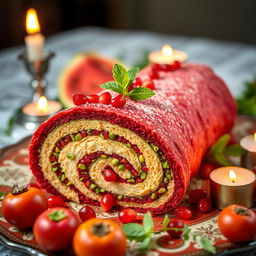 A beautifully arranged Yalda-themed roulade, featuring vibrant colors and elements symbolizing the winter solstice celebration