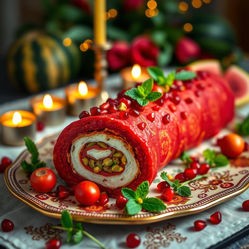 A beautifully arranged Yalda-themed roulade, featuring vibrant colors and elements symbolizing the winter solstice celebration