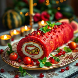 A beautifully arranged Yalda-themed roulade, featuring vibrant colors and elements symbolizing the winter solstice celebration