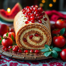 A stunning Yalda-themed roulade, featuring a rolled sponge cake infused with the rich flavors of pomegranate and nuts, elegantly garnished with fresh pomegranate seeds and crushed pistachios