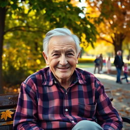 An elderly man with a kind smile, featuring deep wrinkles and gray hair, sitting on a park bench