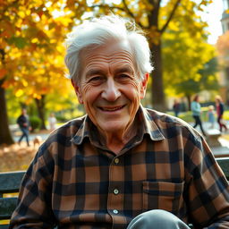 An elderly man with a kind smile, featuring deep wrinkles and gray hair, sitting on a park bench