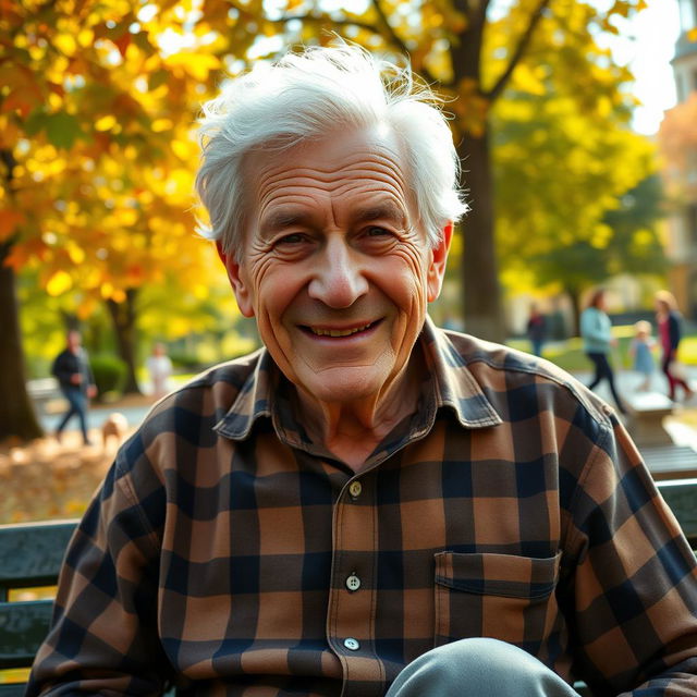 An elderly man with a kind smile, featuring deep wrinkles and gray hair, sitting on a park bench