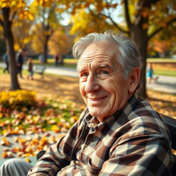 An elderly man with a kind smile, featuring deep wrinkles and gray hair, sitting on a park bench