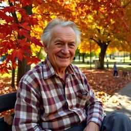 An elderly man with a kind smile, featuring deep wrinkles and gray hair, sitting on a park bench