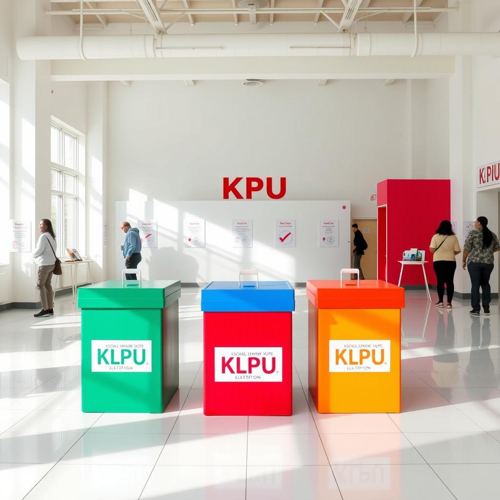 A spacious KPU polling station interior showcasing four colorful ballot boxes arranged neatly in the center