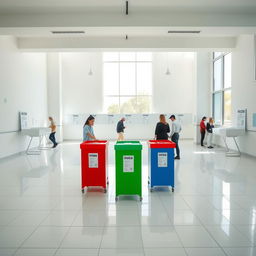 A spacious KPU polling station interior showcasing four colorful ballot boxes arranged neatly in the center