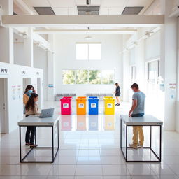 A spacious KPU polling station interior showcasing four colorful ballot boxes arranged neatly in the center