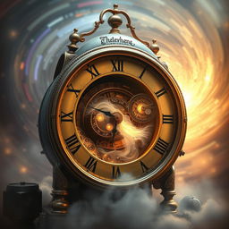 A fantastical depiction of a time machine intricately designed within a vintage clock