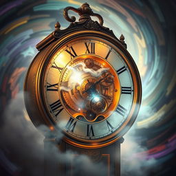 A fantastical depiction of a time machine intricately designed within a vintage clock