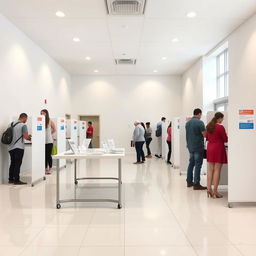 A bright and modern KPU polling station interior, featuring pristine white walls and glossy white tiled floors