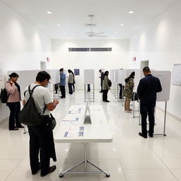 A bright and modern KPU polling station interior, featuring pristine white walls and glossy white tiled floors