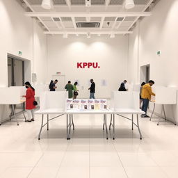 A bright and modern KPU polling station interior, featuring pristine white walls and glossy white tiled floors