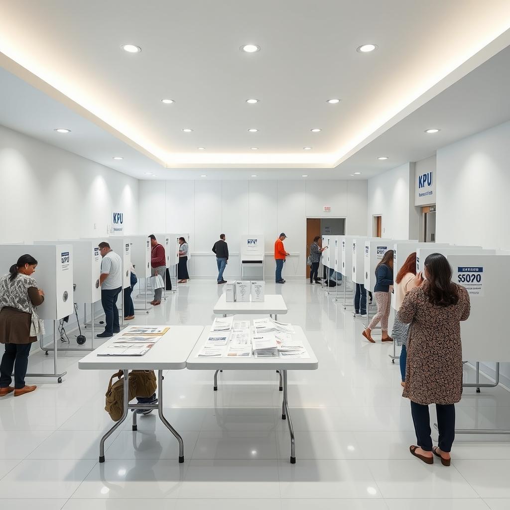 A bright and modern KPU polling station interior, featuring pristine white walls and glossy white tiled floors