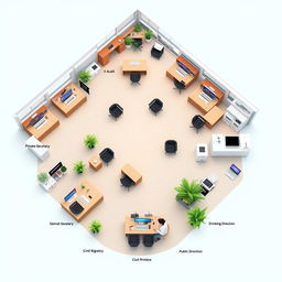 An organized office interior featuring various sections with furniture and equipment as detailed: 1