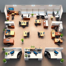 An organized office interior featuring various sections with furniture and equipment as detailed: 1