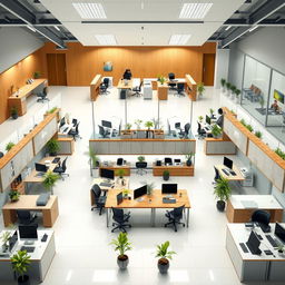 An organized office interior featuring various sections with furniture and equipment as detailed: 1
