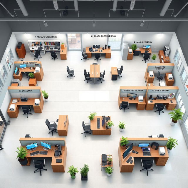 An organized office interior featuring various sections with furniture and equipment as detailed: 1