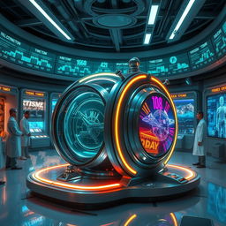 A futuristic time machine with sleek, metallic design, glowing neon lights, and intricate mechanisms, sitting in a modern, high-tech laboratory with digital screens displaying timelines and historical events