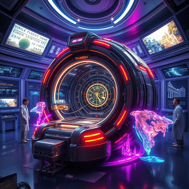 A futuristic time machine with sleek, metallic design, glowing neon lights, and intricate mechanisms, sitting in a modern, high-tech laboratory with digital screens displaying timelines and historical events