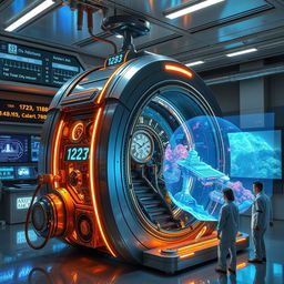 A futuristic time machine with sleek, metallic design, glowing neon lights, and intricate mechanisms, sitting in a modern, high-tech laboratory with digital screens displaying timelines and historical events