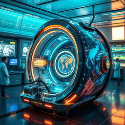A futuristic time machine with sleek, metallic design, glowing neon lights, and intricate mechanisms, sitting in a modern, high-tech laboratory with digital screens displaying timelines and historical events