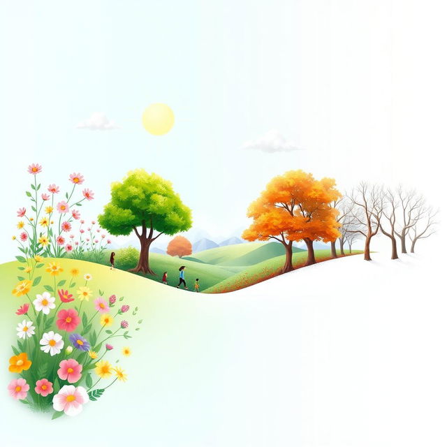 A beautiful and serene illustration depicting a cycle of seasons transitioning from spring to winter