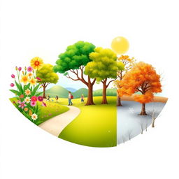A beautiful and serene illustration depicting a cycle of seasons transitioning from spring to winter