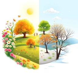 A beautiful and serene illustration depicting a cycle of seasons transitioning from spring to winter