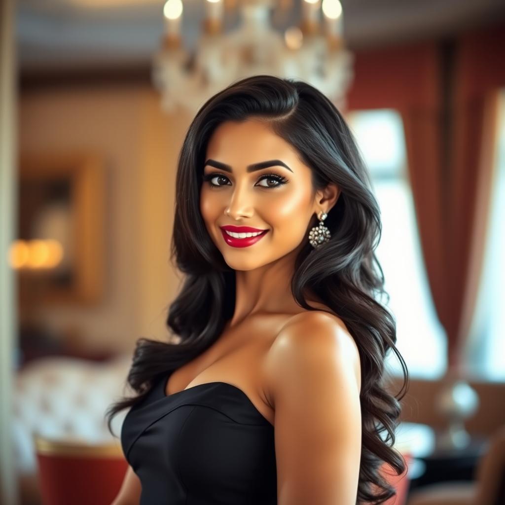 A stunning portrait of a beautiful and elegant woman reminiscent of a Hollywood actress, showcasing her glamorous style in a luxurious setting